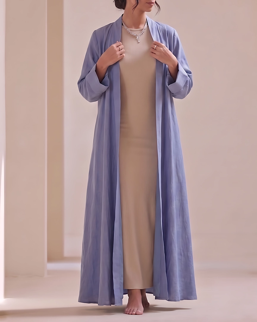 ABH10-a Steel Blue Textured Flowing Abaya Set
