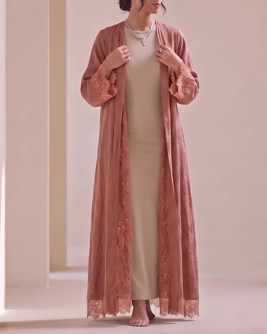 ABH11-a Warm Beige Textured Flowing Abaya Set