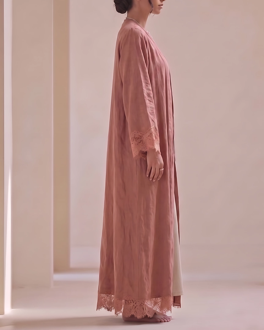 ABH11-b Warm Beige Textured Flowing Abaya Set