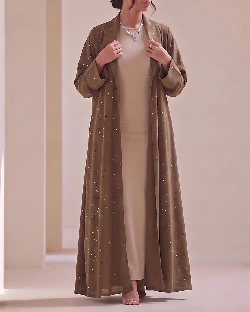 ABH12-a Espresso Brown Textured Flowing Abaya Set