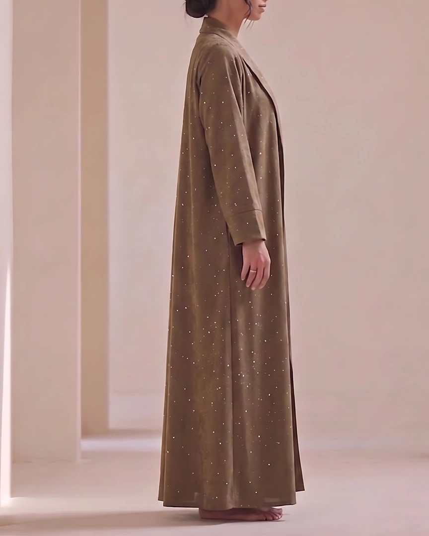 ABH12-b Espresso Brown Textured Flowing Abaya Set