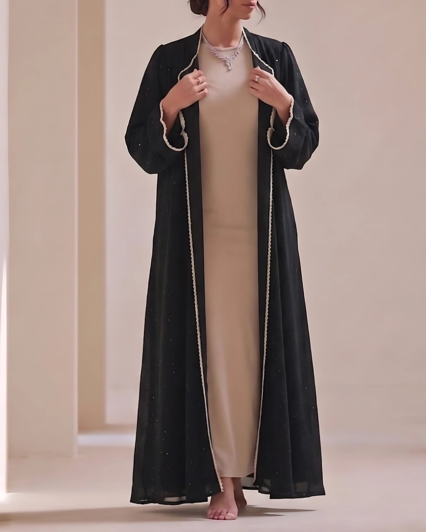 ABH2-a Soft Black Textured Flowing Abaya Set