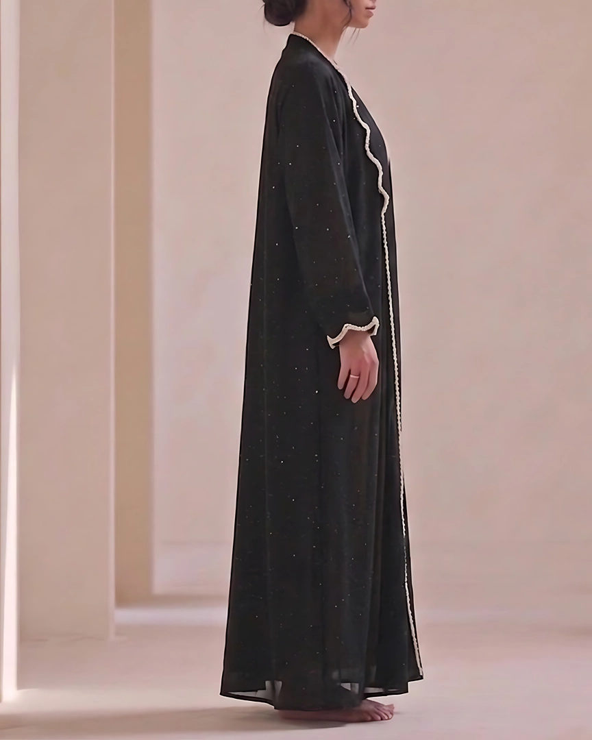 ABH2-b Soft Black Textured Flowing Abaya Set