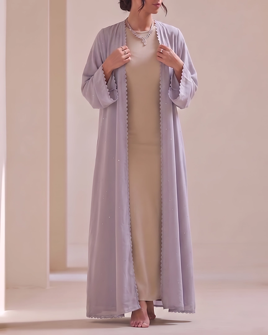 ABH3-a Dusty Mauve Textured Flowing Abaya Set