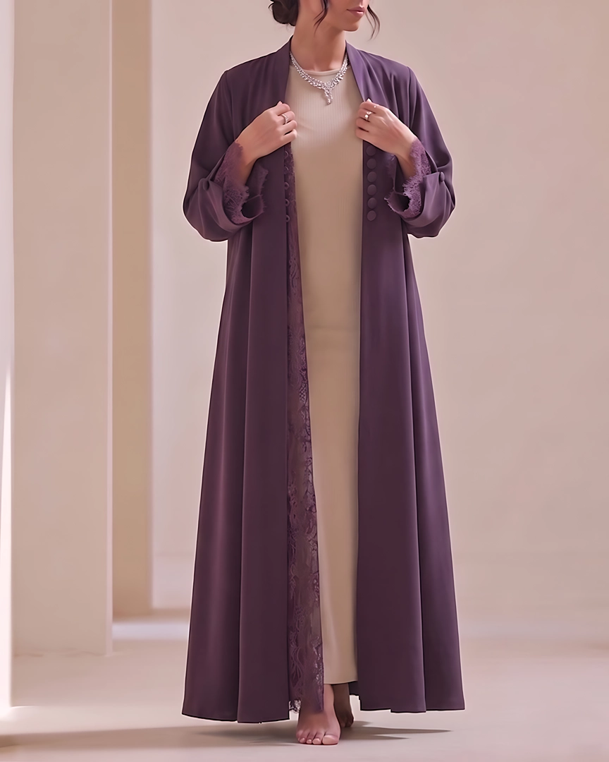 ABH4-a Deep Plum Textured Flowing Abaya Set