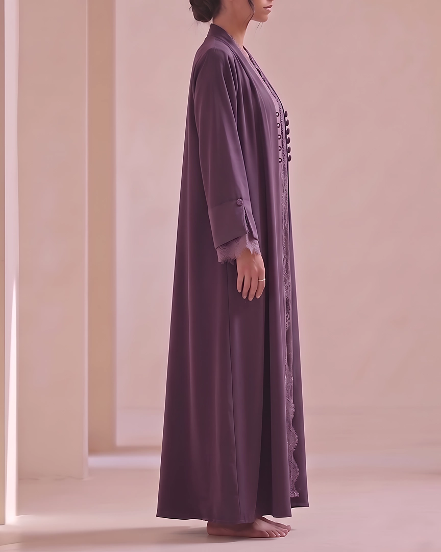 ABH4-b Deep Plum Textured Flowing Abaya Set