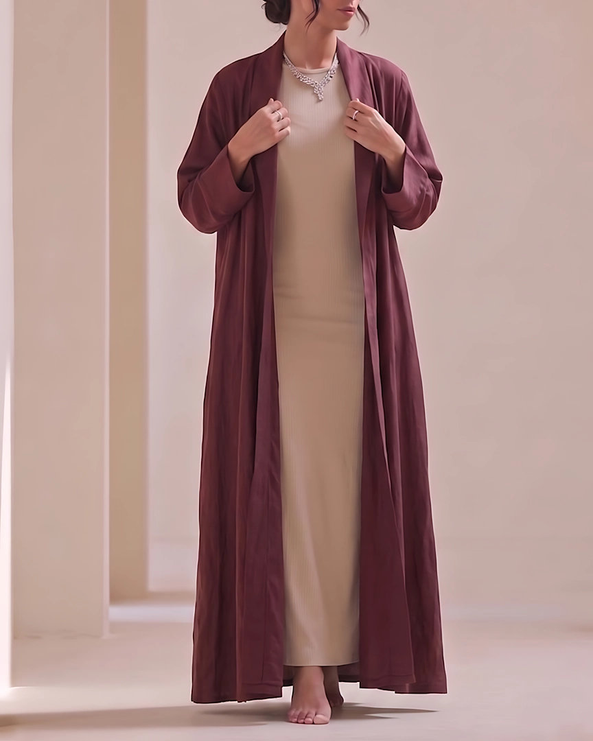 ABH8-a Dark Maroon Textured Flowing Abaya Set