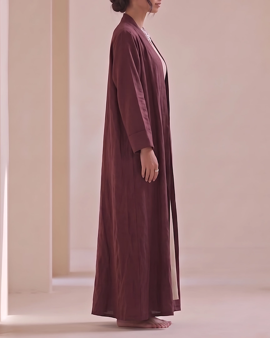 ABH8-b Dark Maroon Textured Flowing Abaya Set