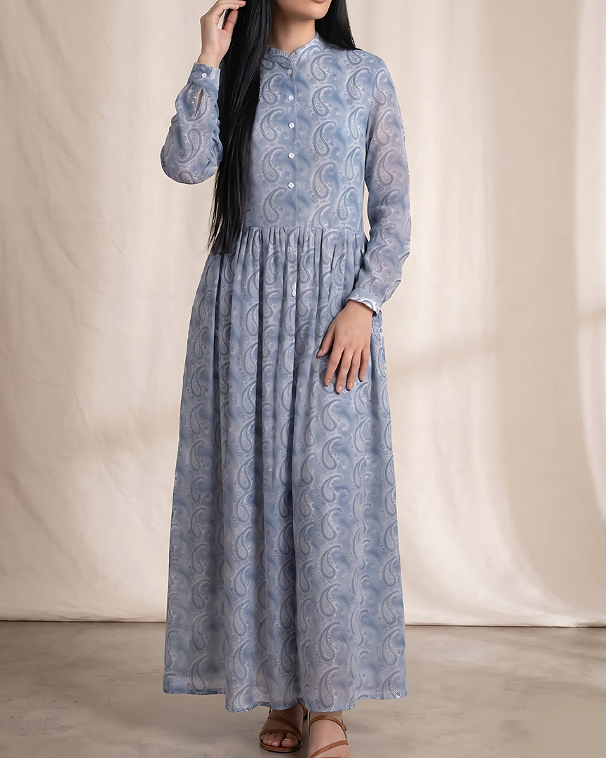 DR1 Dusty Blue Paisley Button-Down Maxi Dress