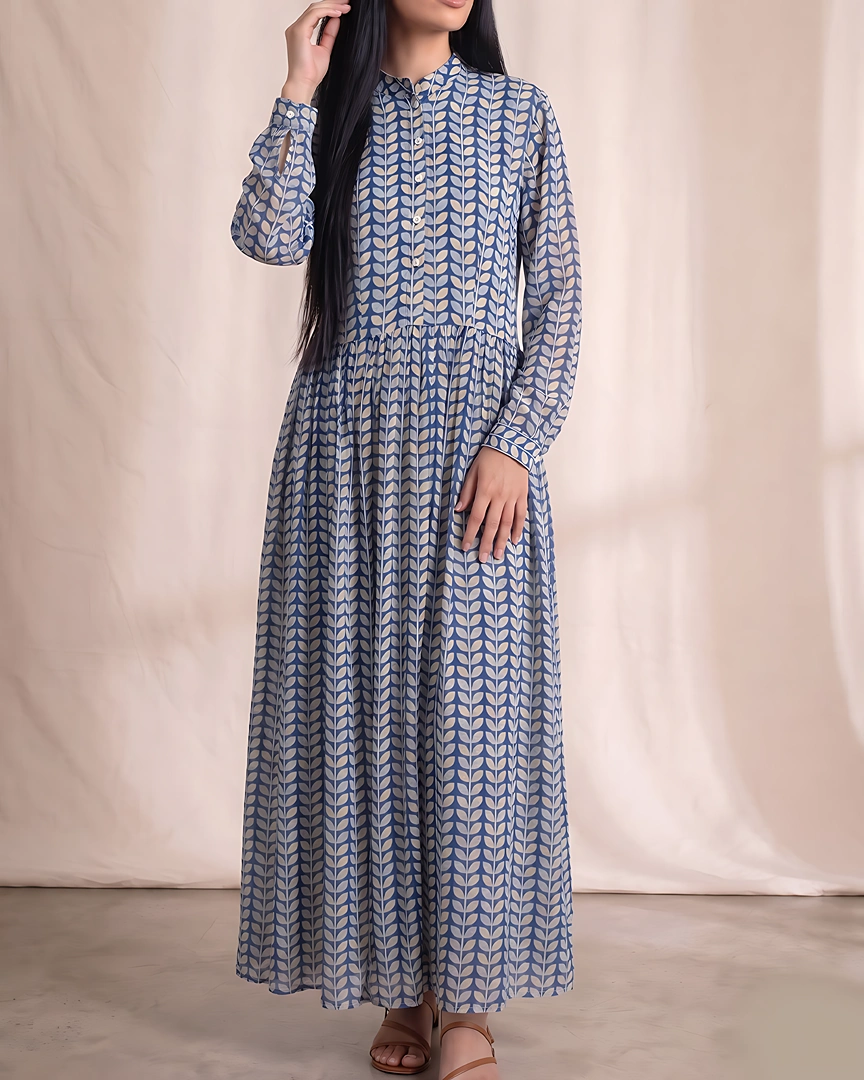 DR2 Indigo Vine & Leaf Button-Down Maxi Dress