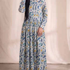 Blue Peacock Feather Button-Down Maxi Dress