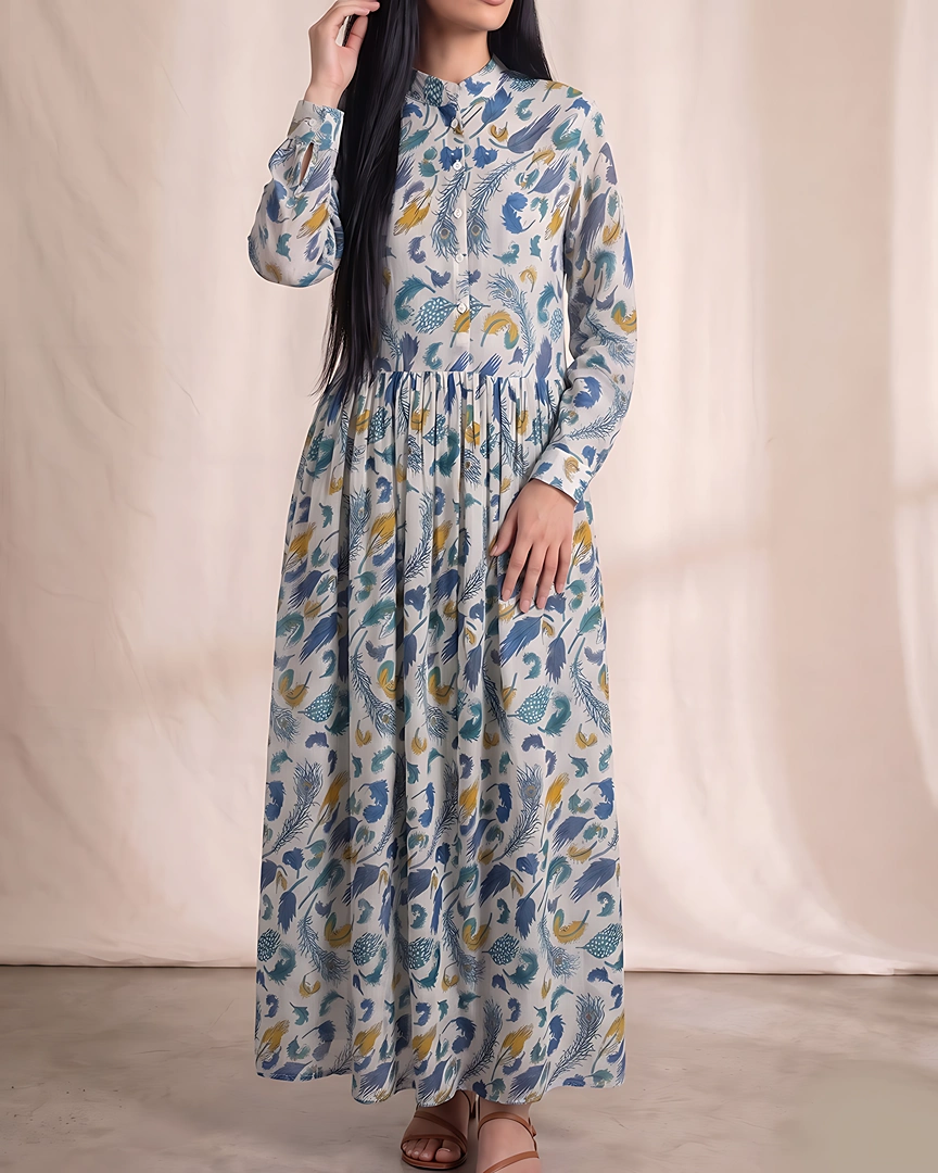 DR3 Blue Peacock Feather Button-Down Maxi Dress