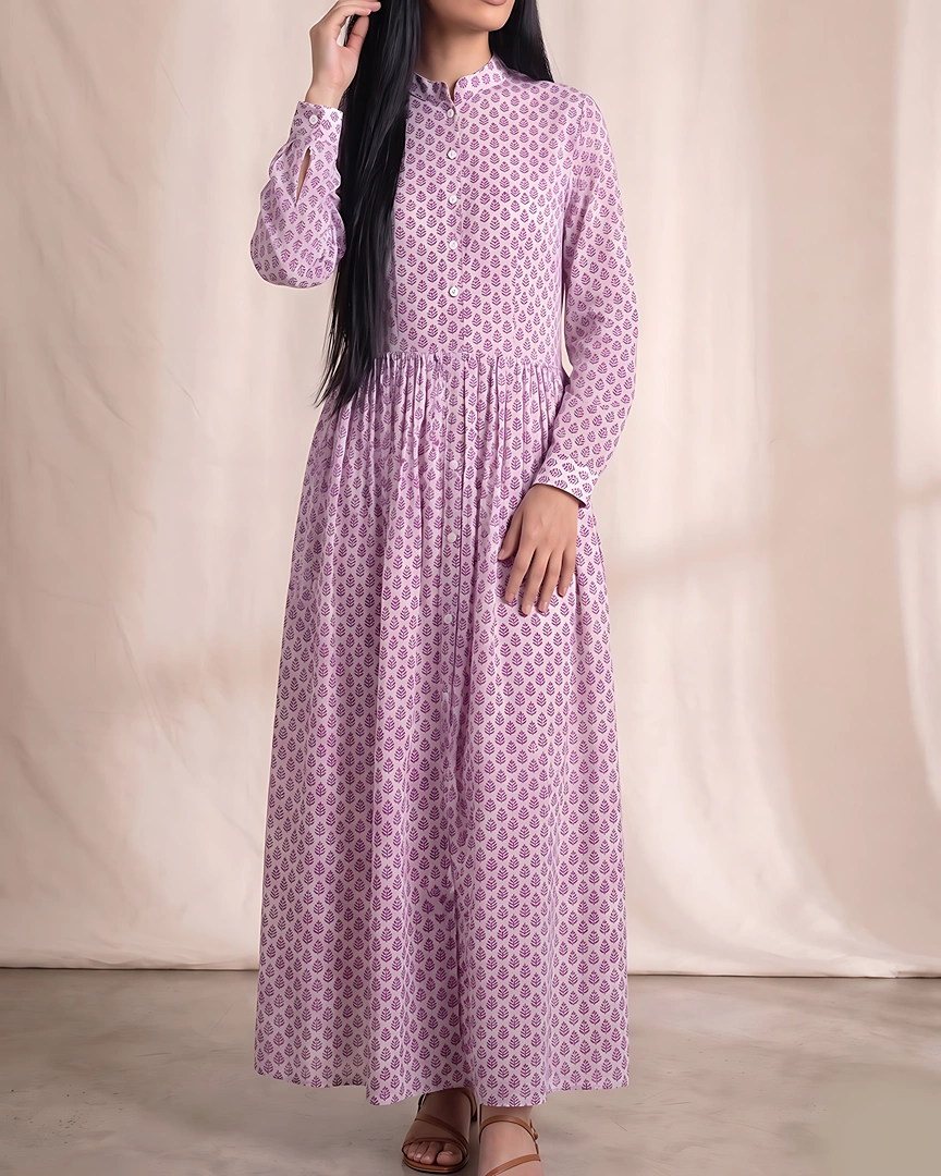 DR4 Lavender Blossom Lattice Button-Down Maxi Dress