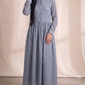 Steel Blue Petal Print Button-Down Maxi Dress