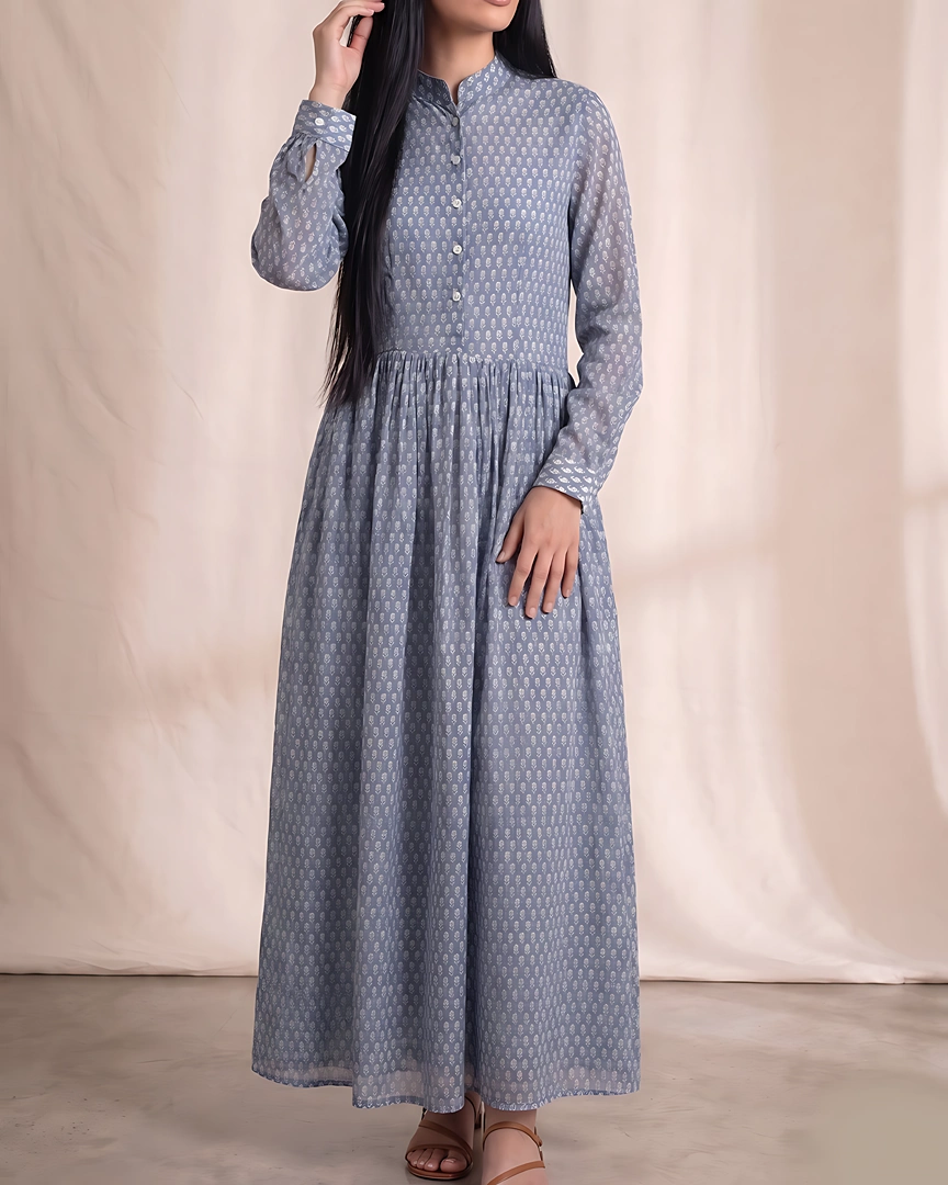 DR5 Steel Blue Petal Print Button-Down Maxi Dress