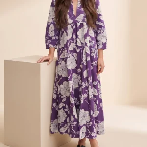 Royal Plum Hibiscus Flowing Empire Gown