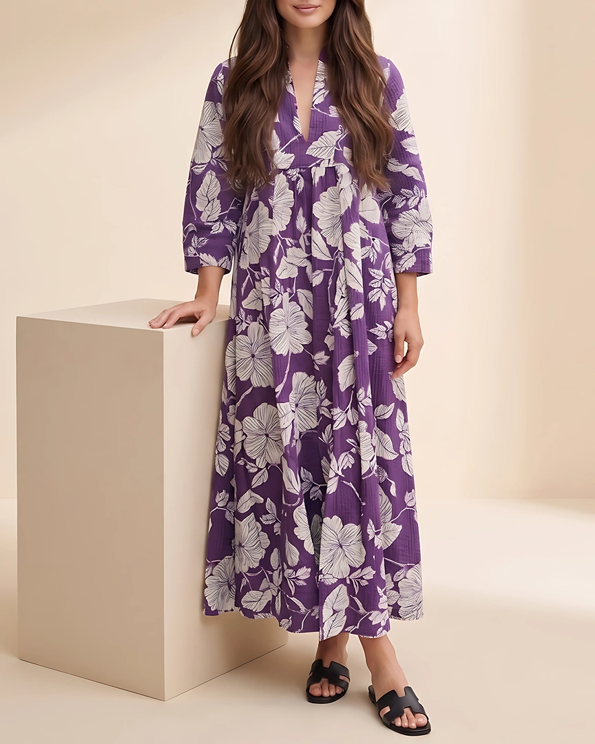 GN1 Royal Plum Hibiscus Flowing Empire Gown