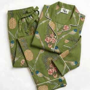 Pineapple & Songbird Olive Long Pajama Set