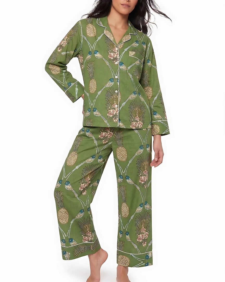 PJ0-a Pineapple & Songbird Olive Long Pajama Set
