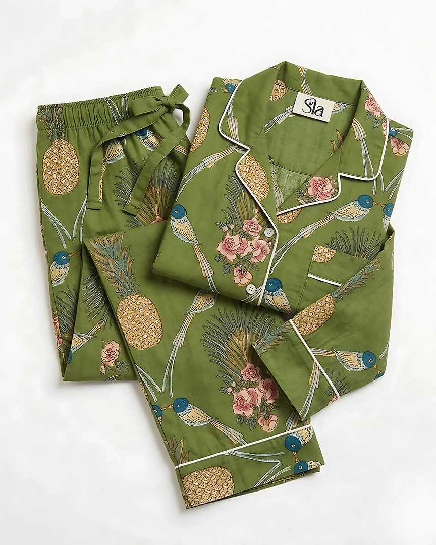 PJ0 Pineapple & Songbird Olive Long Pajama Set