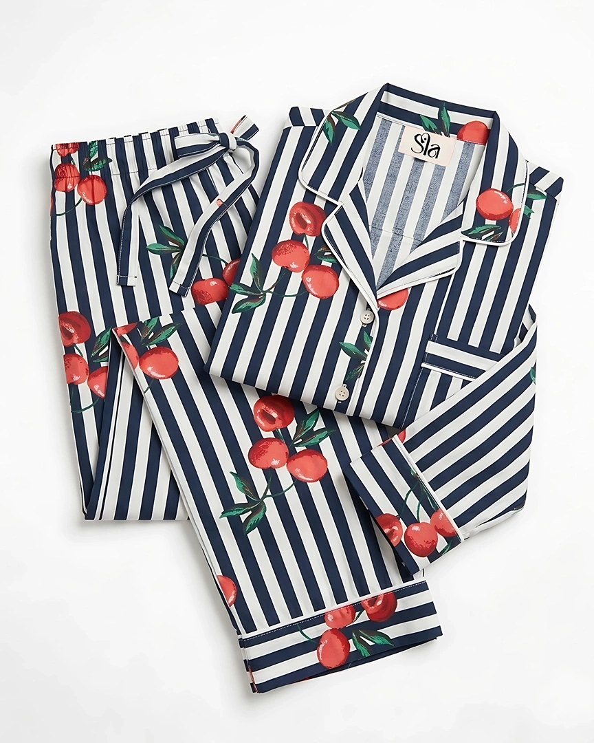 PJ11 Cherry & Navy Stripe Long Pajama Set