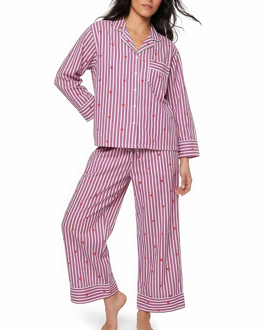 PJ2-a Plum Heart & Stripe Tailored Long Pajama Set