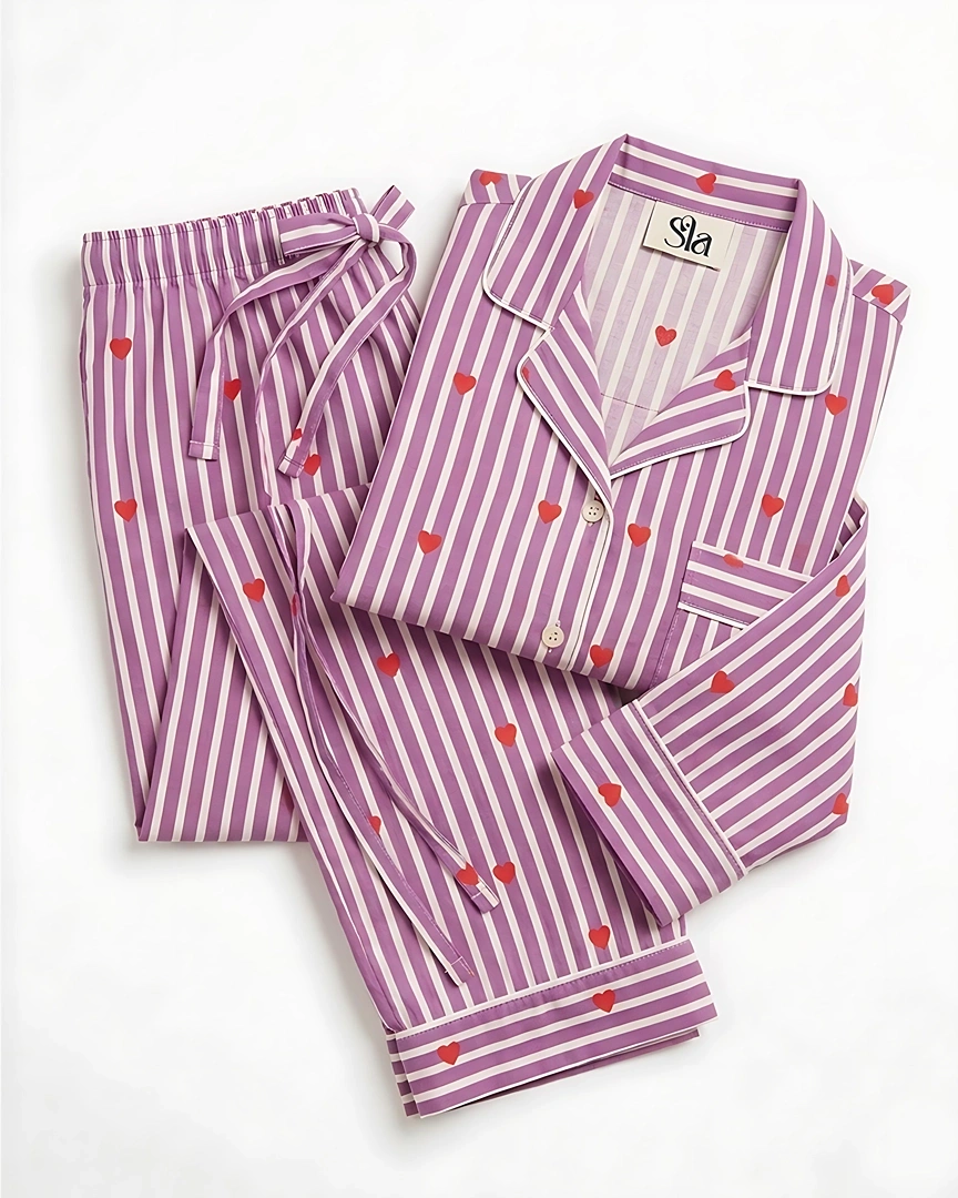 PJ2 Plum Heart & Stripe Tailored Long Pajama Set