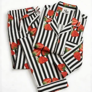 Strawberry & Monochrome Stripe Long Pajama Set