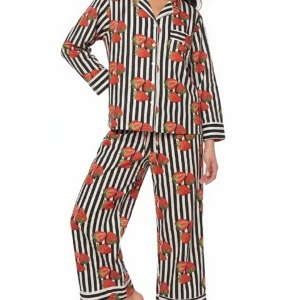 Strawberry & Monochrome Stripe Long Pajama Set