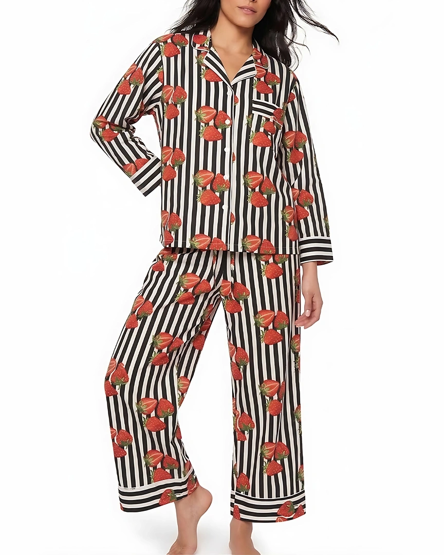 PJ6-a Strawberry & Monochrome Stripe Long Pajama Set