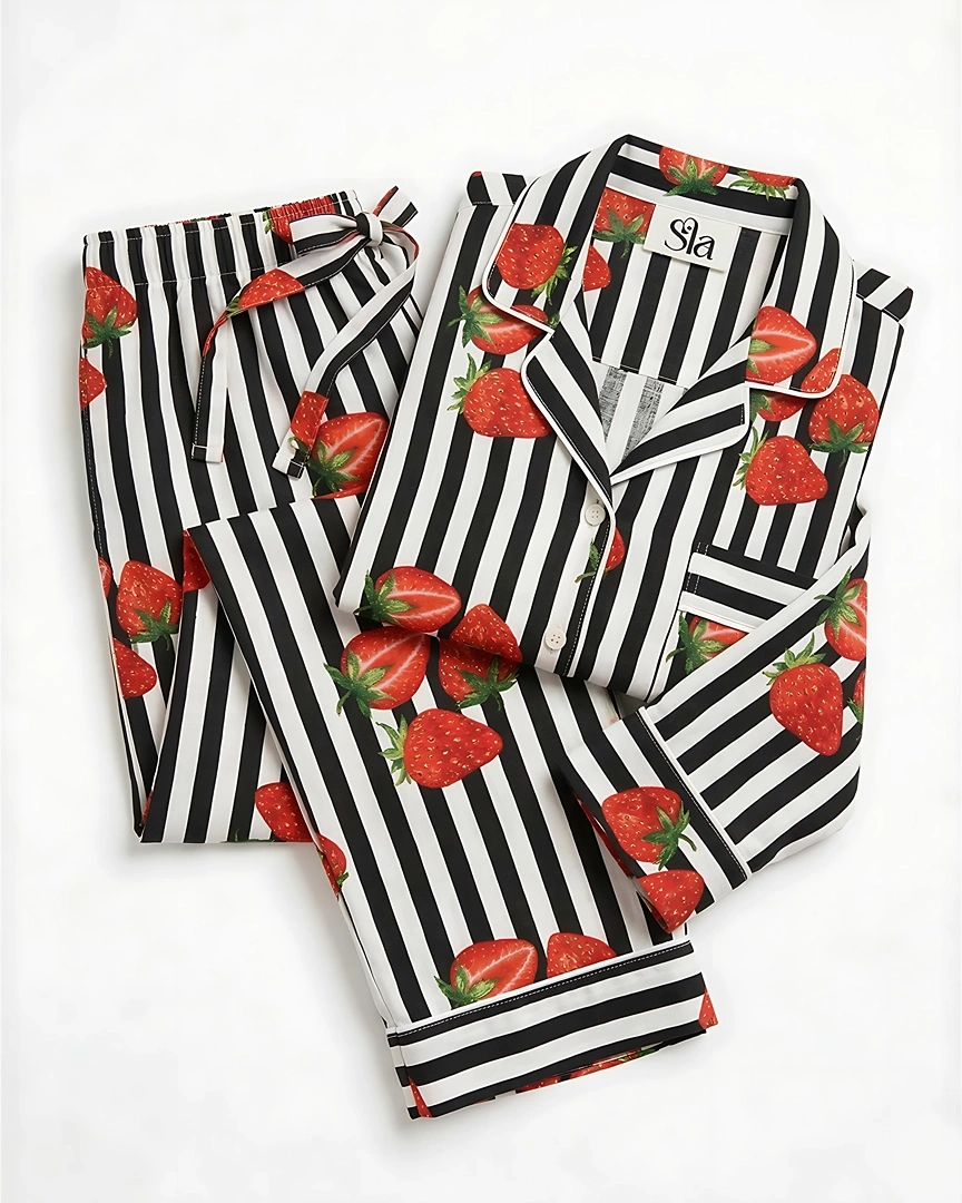 PJ6 Strawberry & Monochrome Stripe Long Pajama Set
