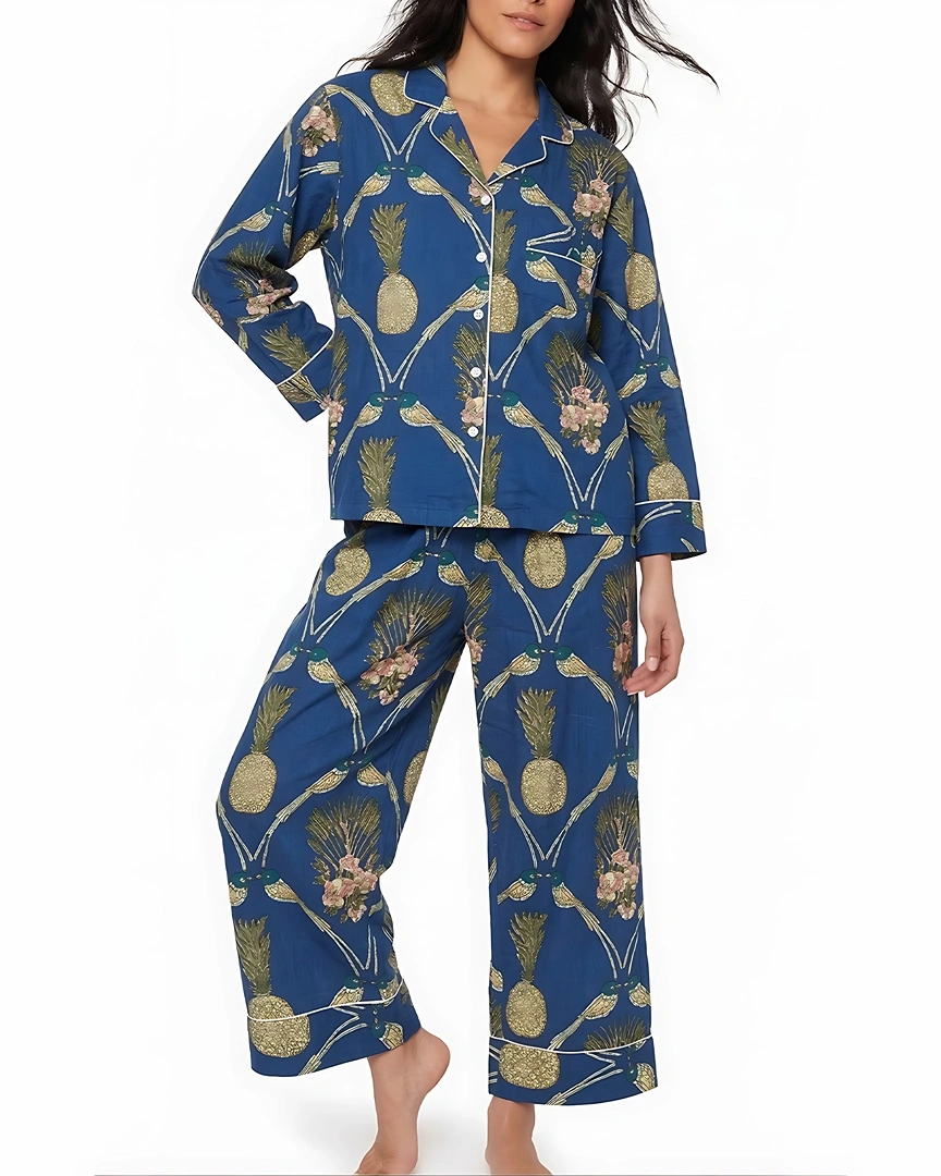 PJ7-a Pineapple & Songbird Indigo Long Pajama Set