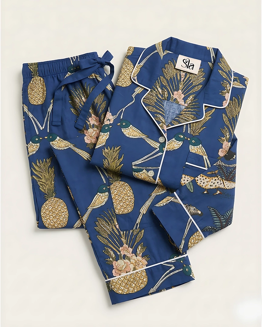 PJ7 Pineapple & Songbird Indigo Long Pajama Set