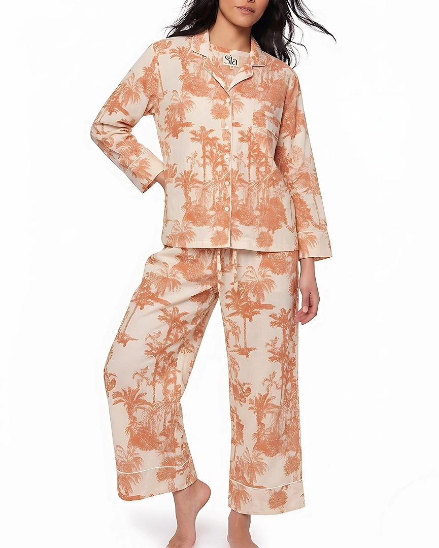PJ8-a Sunset Palm Toile Long Pajama Set