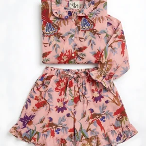 Paradise Aviary Ruffled Shortie Pajama Set – Dusty Rose & Tropical Birds