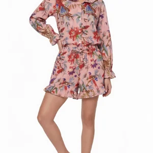 Paradise Aviary Ruffled Shortie Pajama Set – Dusty Rose & Tropical Birds