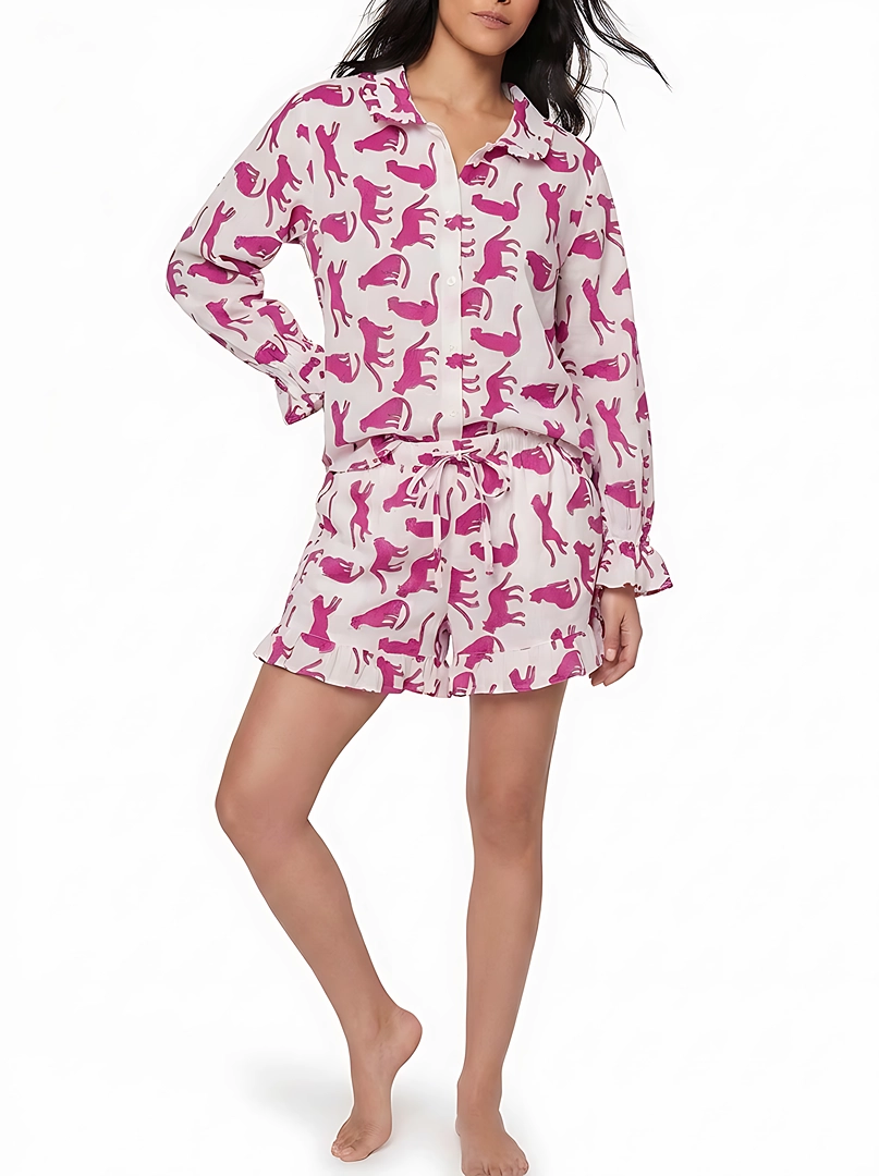 PJS-1a Pink Panther Ruffled Shortie Pajama Set – Blush & Fuchsia