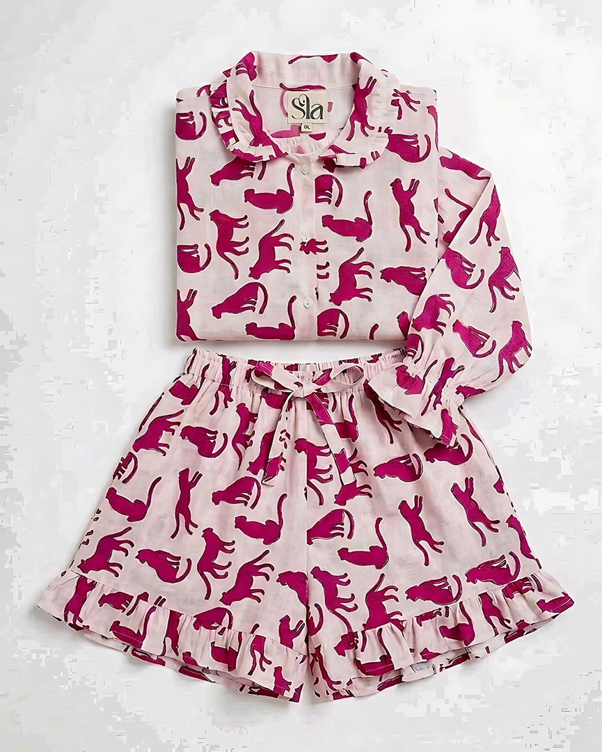 PJS-1b Pink Panther Ruffled Shortie Pajama Set – Blush & Fuchsia