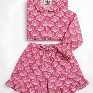 Scalloped Shell Ruffled Shortie Pajama Set – Magenta & Cream