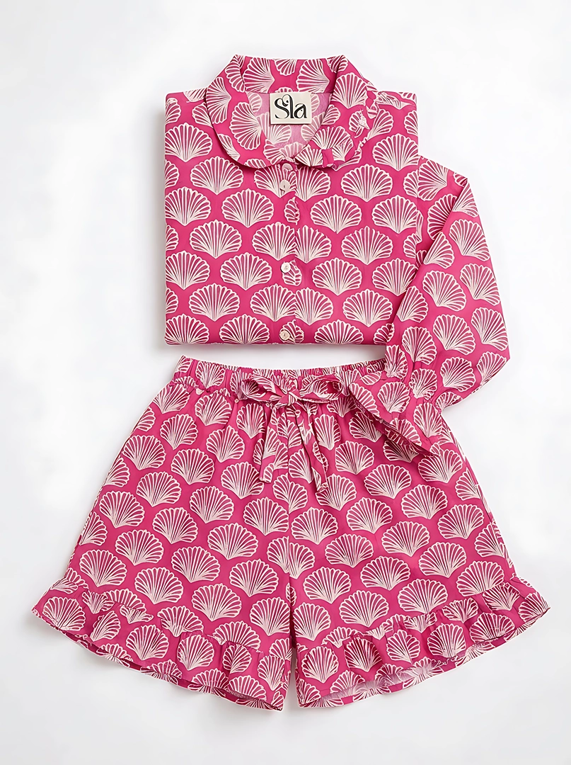 PJS-2a Scalloped Shell Ruffled Shortie Pajama Set – Magenta & Cream