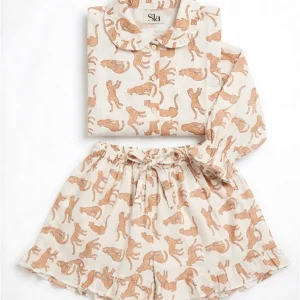 Golden Cheetah Ruffled Shortie Pajama Set – Cream & Caramel