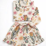 Desert Bloom Ruffled Shortie Pajama Set – Cream with Protea & Sunbursts