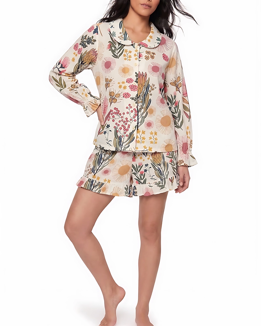 PJS-4b Desert Bloom Ruffled Shortie Pajama Set – Cream with Protea & Sunbursts