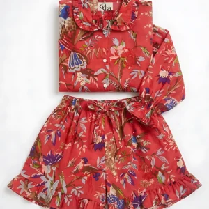 Tropical Aviary Ruffled Shortie Pajama Set – Ruby Red & Exotic Birds