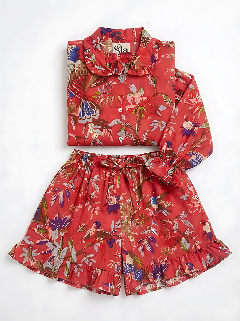 PJS-5a Tropical Aviary Ruffled Shortie Pajama Set – Ruby Red & Exotic Birds