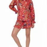 Tropical Aviary Ruffled Shortie Pajama Set – Ruby Red & Exotic Birds
