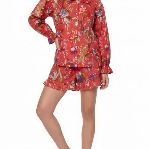 Tropical Aviary Ruffled Shortie Pajama Set – Ruby Red & Exotic Birds