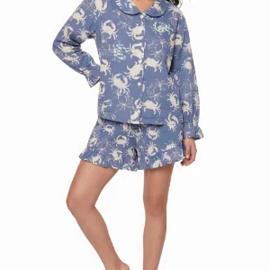 Coastal Crustacean Ruffled Shortie Pajama Set – Dusty Blue & White Crabs