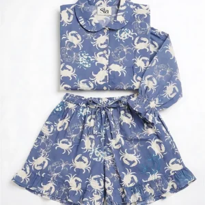 Coastal Crustacean Ruffled Shortie Pajama Set – Dusty Blue & White Crabs
