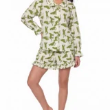 Sage Cheetah Ruffled Shortie Pajama Set – Cream & Olive Green